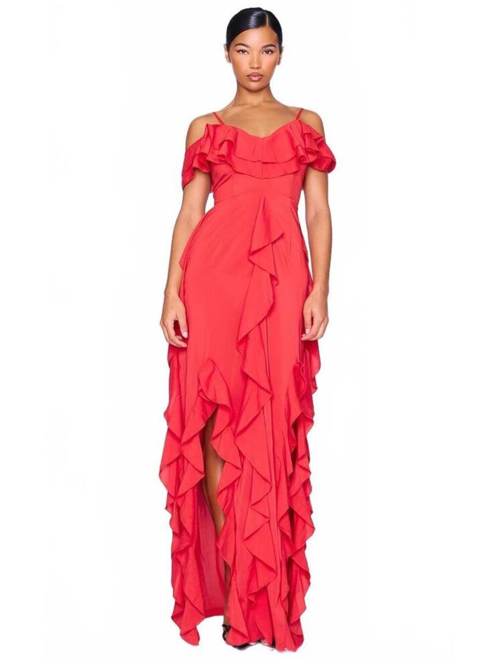 NWT PrettyLittleThing Red Cold Shoulder Ruffle Maxi Dress Size 8 - Picture 3 of 9